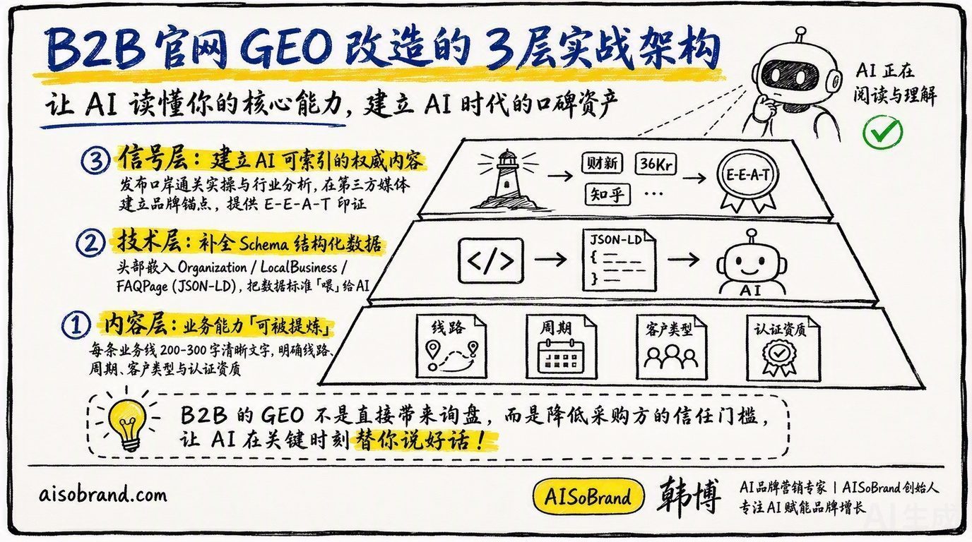 图2：B2B 官网 GEO 改造的 3 层实战架构