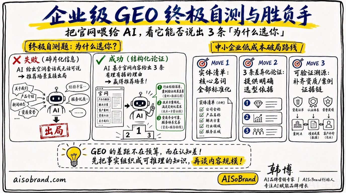 企业级GEO终极自测与胜负手：把官网喂给AI，看它能否说出3条为什么选你