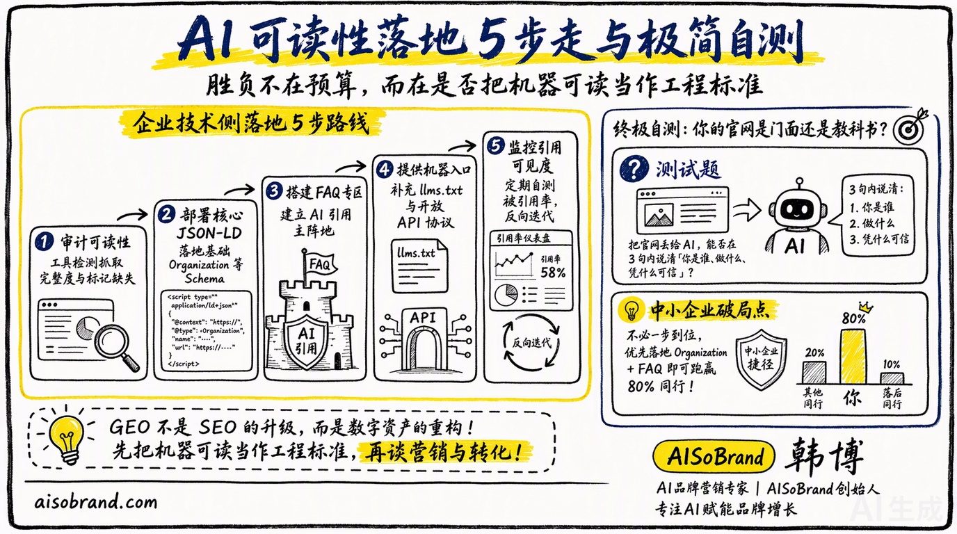 AI可读性落地5步走与极简自测：审计可读性、部署核心JSON-LD、搭建FAQ专区、提供机器入口、监控引用可见度