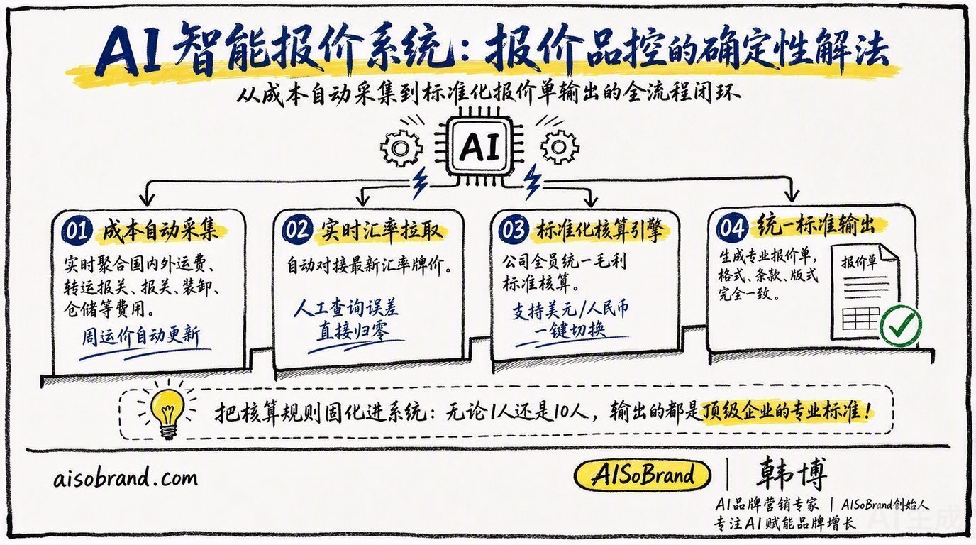 AI智能报价系统四步流程：成本采集、自动核算、报价单生成、输出交付