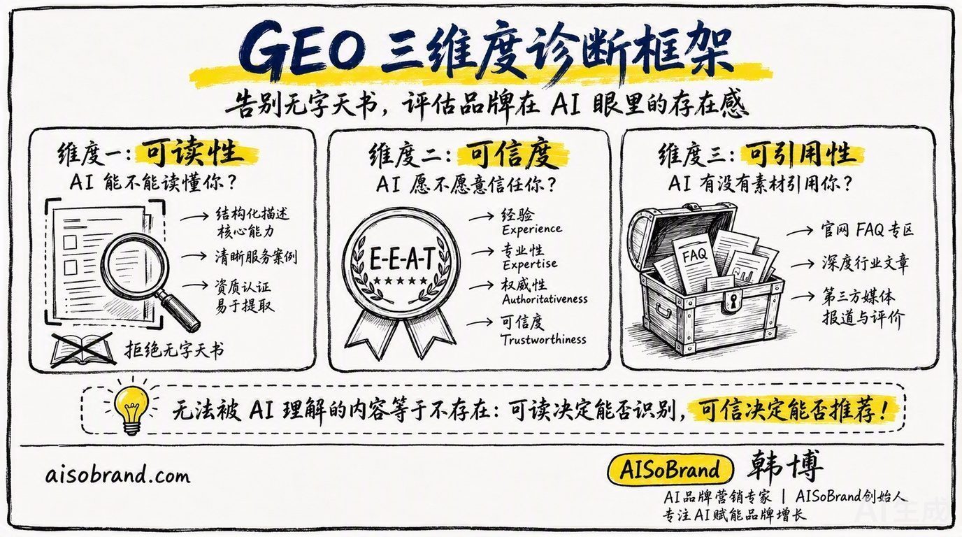 GEO三维度诊断框架：可读性、可信度、可引用性