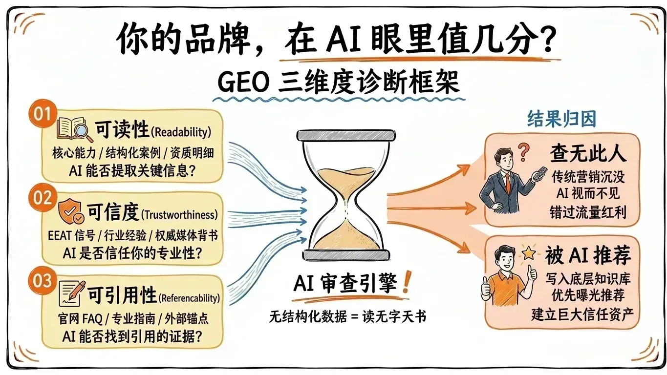 GEO三维度诊断框架：可读性、可信度、可引用性