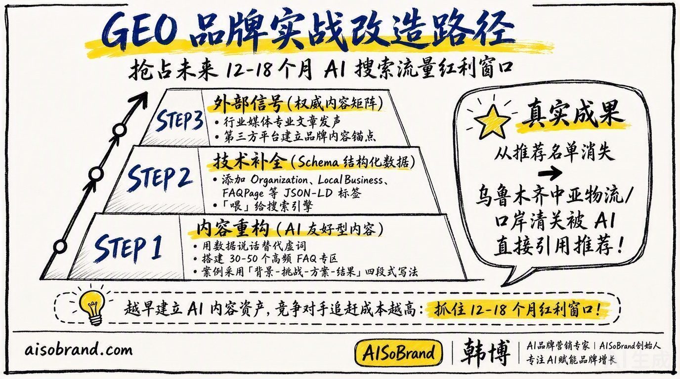 GEO品牌实战改造路径：内容重构、技术补全、外部信号