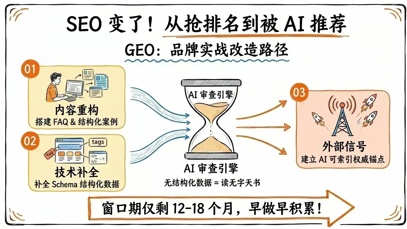GEO品牌实战改造路径：内容重构、技术补全、外部信号