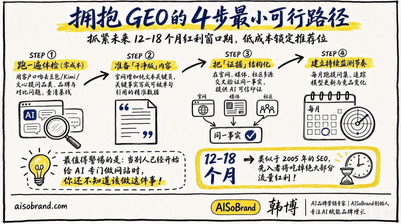 图3：拥抱GEO的四步最小可行路径：体检 → 干净版内容 → 结构化证据 → 持续监测