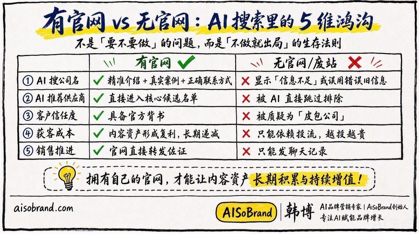 有官网 vs 无官网：AI搜索里的5维鸿沟